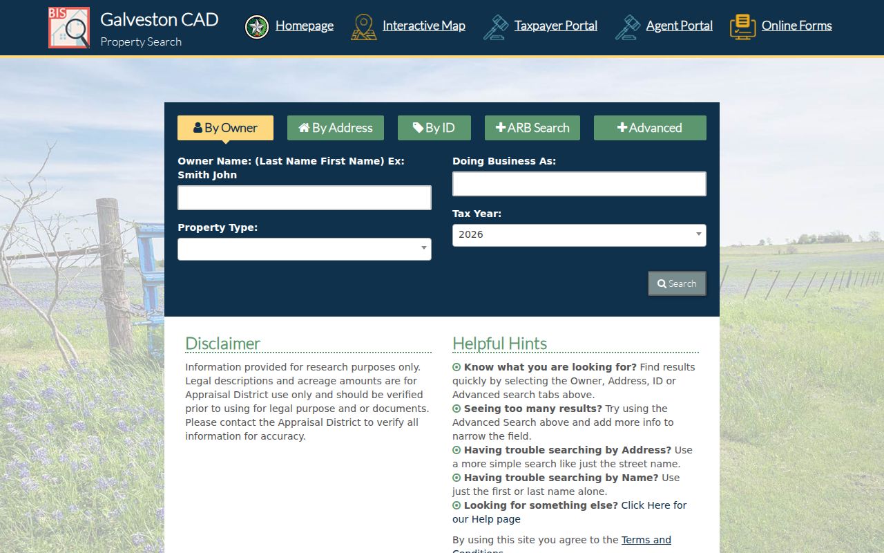 League City ZIP code directory view of GCAD advanced property search