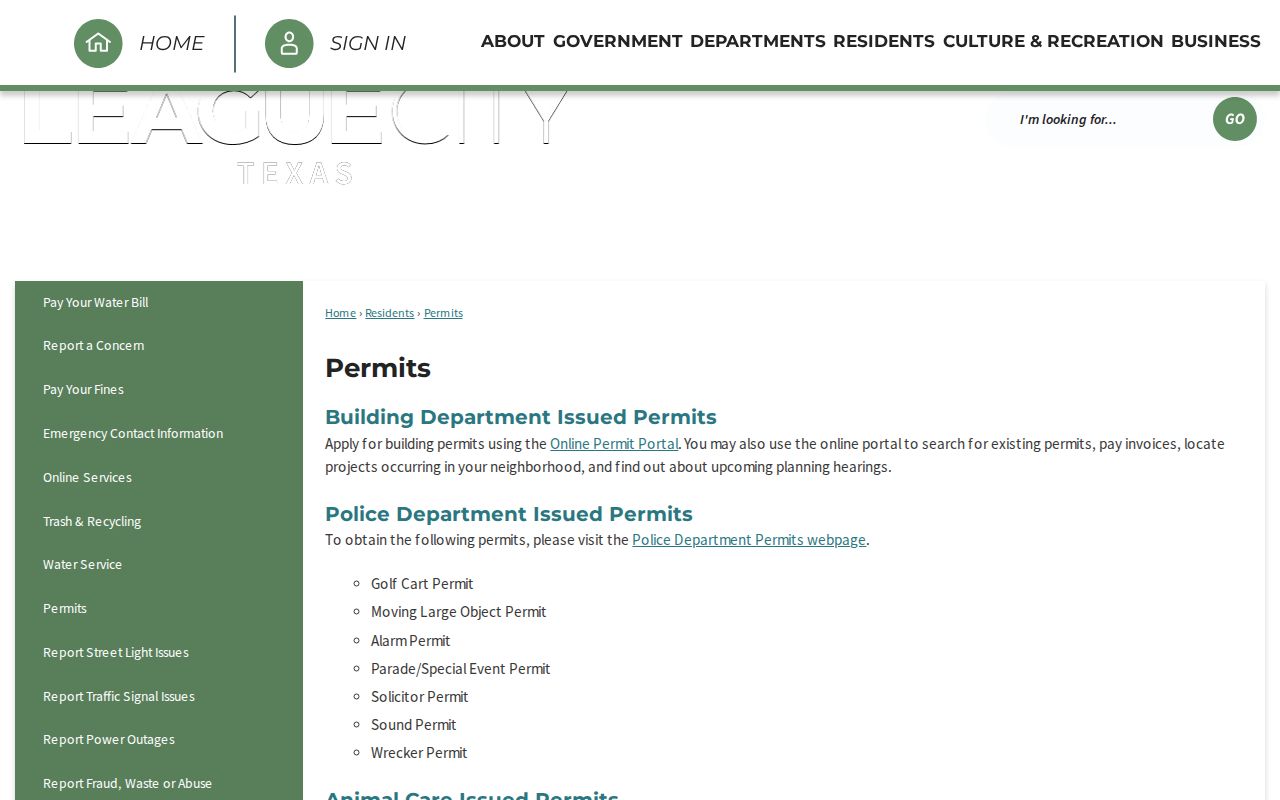 League City street directory view of the city permits page